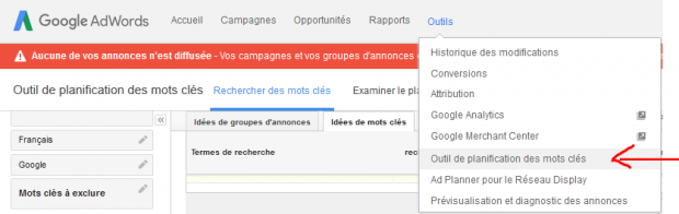 Choix des mots clés Adwords