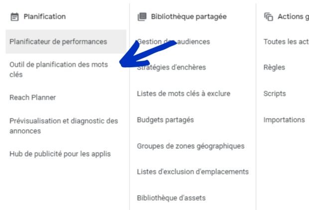 Outils planification mots clés Google