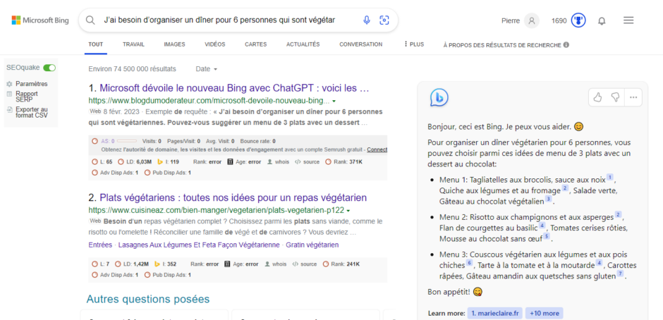 Résultats de recherche avec Bing et Chat GPT